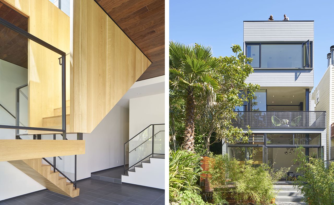 LEFT: The interior of a residential home, showin the stairs design (a mix of wood, glass &amp; metal and contrete, glass &amp; metal.. RIGHT: The exterior of a white residential building with 3 floors, featuring a balcony on the middle floor. 