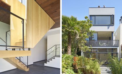LEFT: The interior of a residential home, showin the stairs design (a mix of wood, glass & metal and contrete, glass & metal.. RIGHT: The exterior of a white residential building with 3 floors, featuring a balcony on the middle floor. 