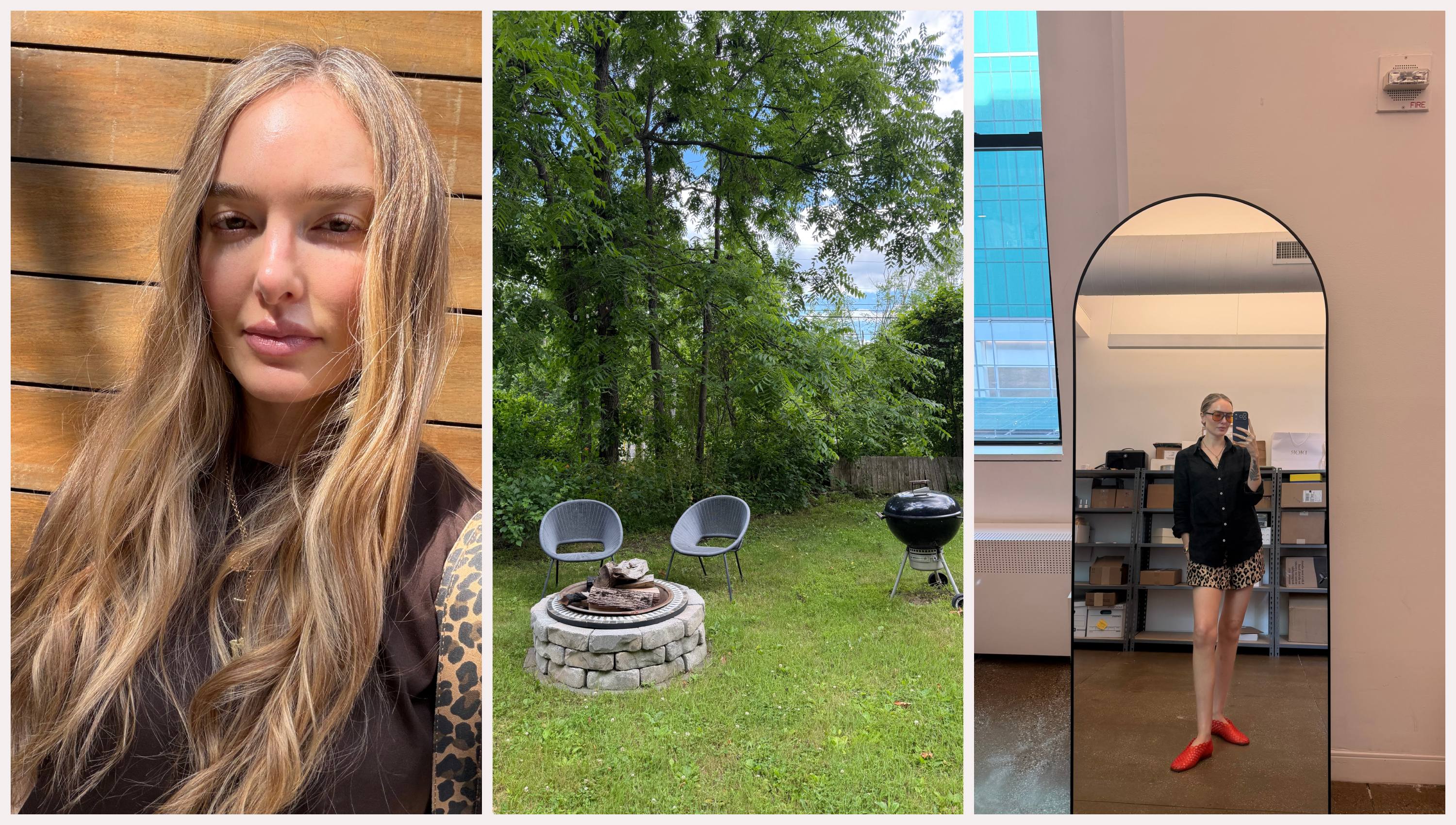 A three-part image of a blonde woman in a brown shirt, a garden with two chairs, and a mirror selfie of her in red flatss