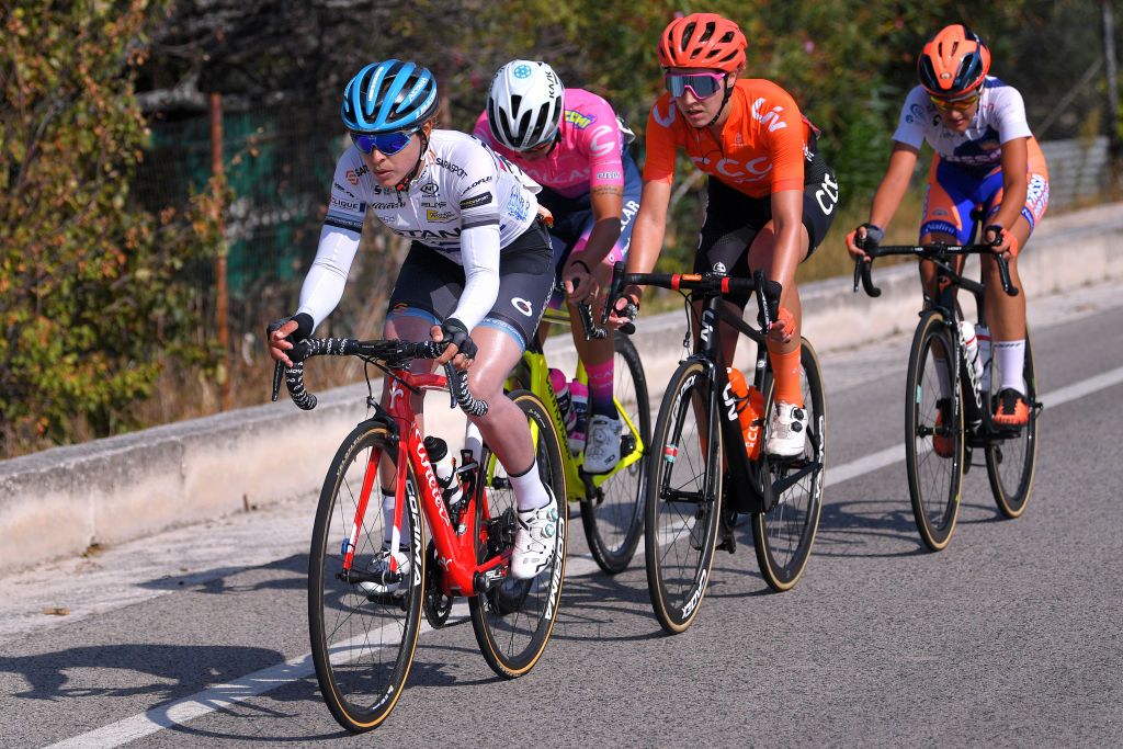 MOTTAMONTECORVINO ITALY SEPTEMBER 19 Arlenis Sierra Canadilla of Cuba and Astana Womens Team Sabrina Stultiens of The Netherlands and Team CCC Liv Laura Tomasi of Italy and Team Top Girls Fassa Bortolo Breakaway during the 31st Giro dItalia Internazionale Femminile 2020 Stage 9 a 1099km stage from Motta Montecorvino to Motta Montecorvino 645m GiroRosaIccrea GiroRosa on September 19 2020 in Motta Montecorvino Italy Photo by Luc ClaessenGetty Images