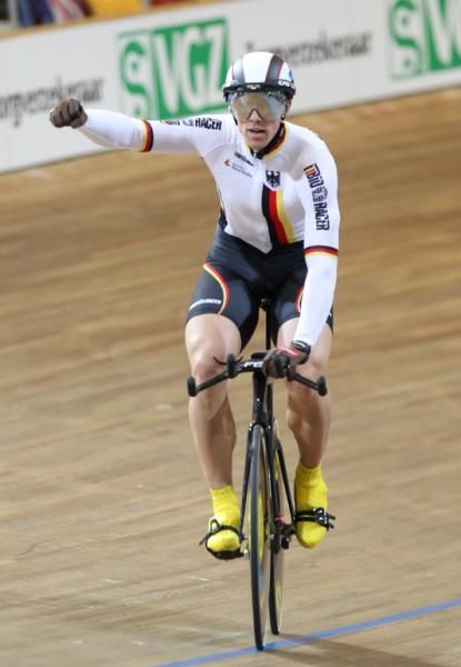 Stefan Nimke goes fastest on the board and acknowledges the crowd's applause.