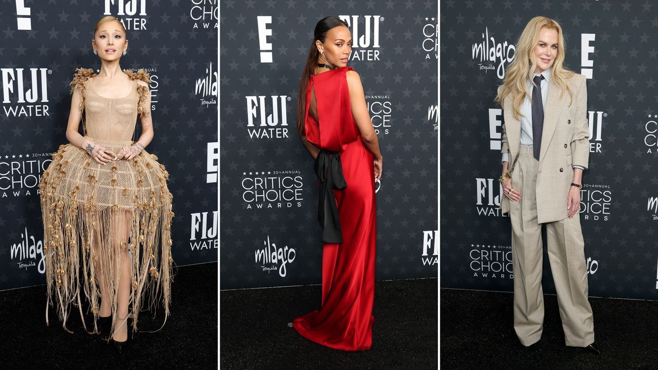 A collage of Ariana Grande, Zoe Saldana, and Nicole Kidman at the Critics Choice Awards.