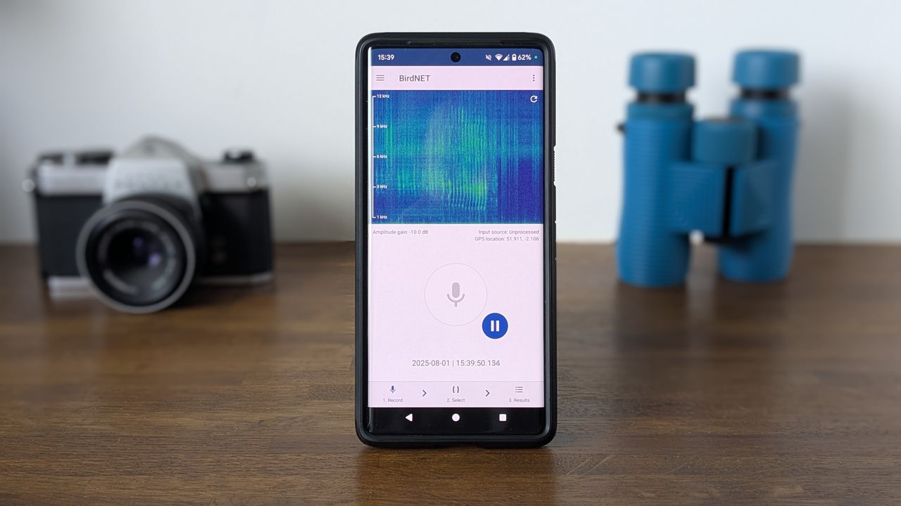 Bird identification app on a wooden table with blue binoculars and a silver SLR camera in the background