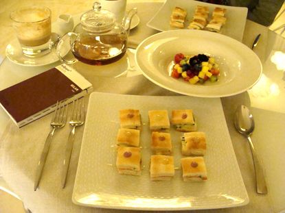 cute modular toasted sandwiches and geometrically cubed fruit platter