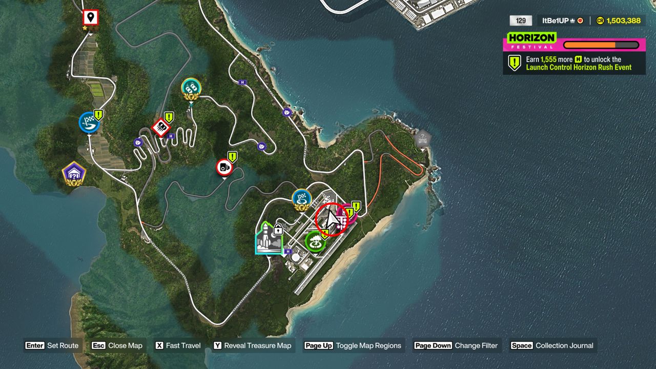 Forza Horizon 6 Nangan Treasure Hunt: A map with a red circle highlighting the location of the chest at Irokawa Space Center.