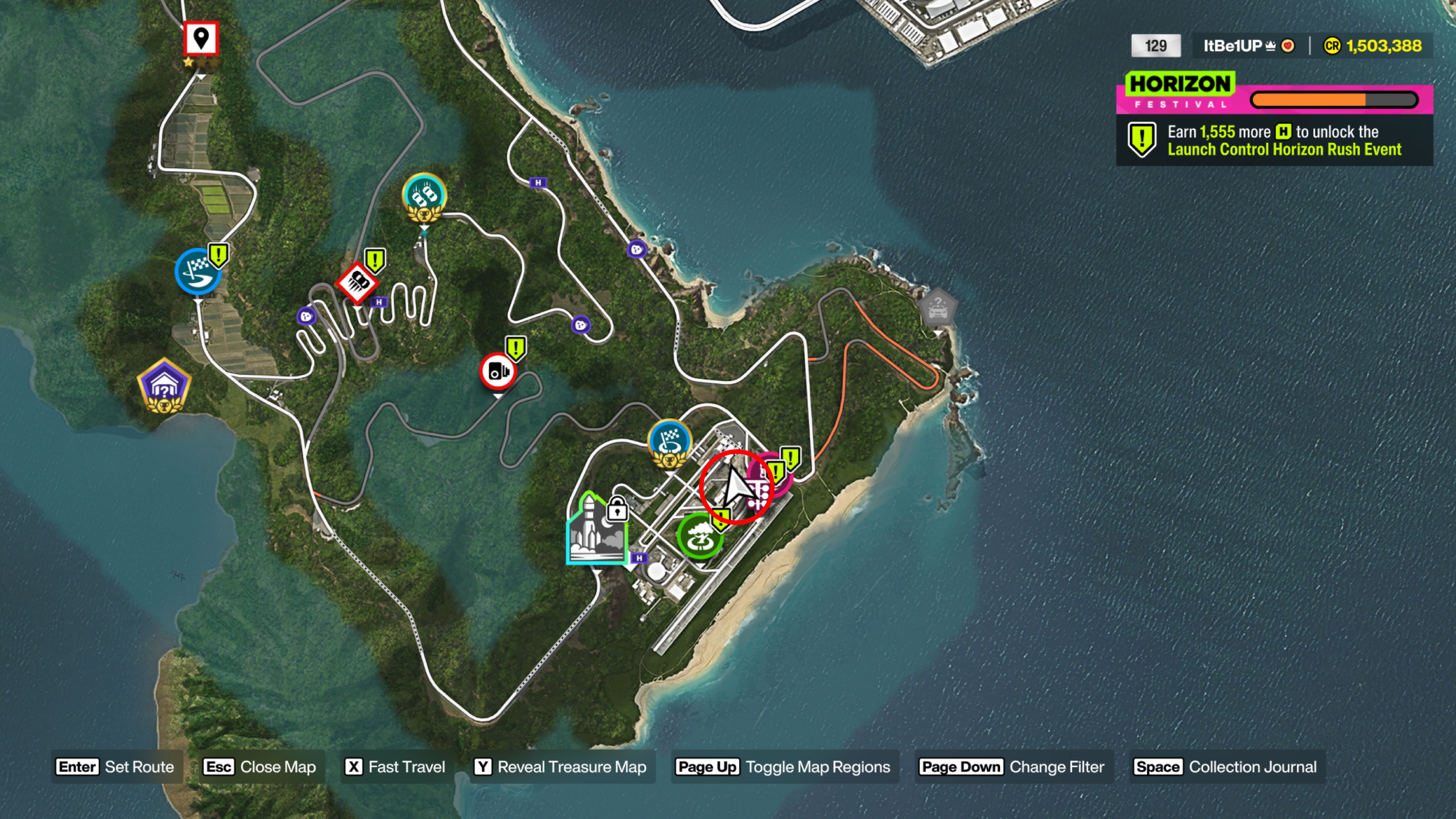 Forza Horizon 6 Nangan Treasure Hunt: A map with a red circle highlighting the location of the chest at Irokawa Space Center.