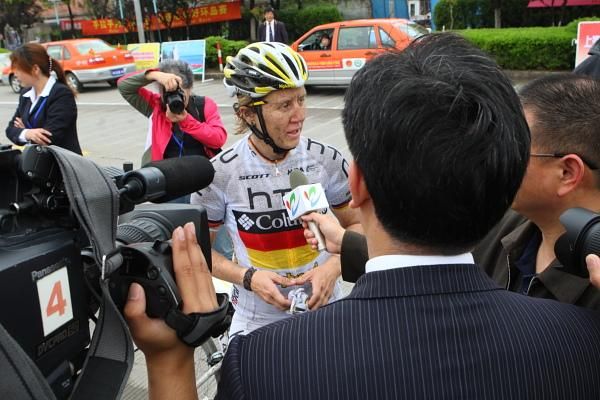 TV interviews for Ina Yoko Teutenberg (HTC - Columbia Women) immediately after winning the first stage of the Tour of Chongming Island