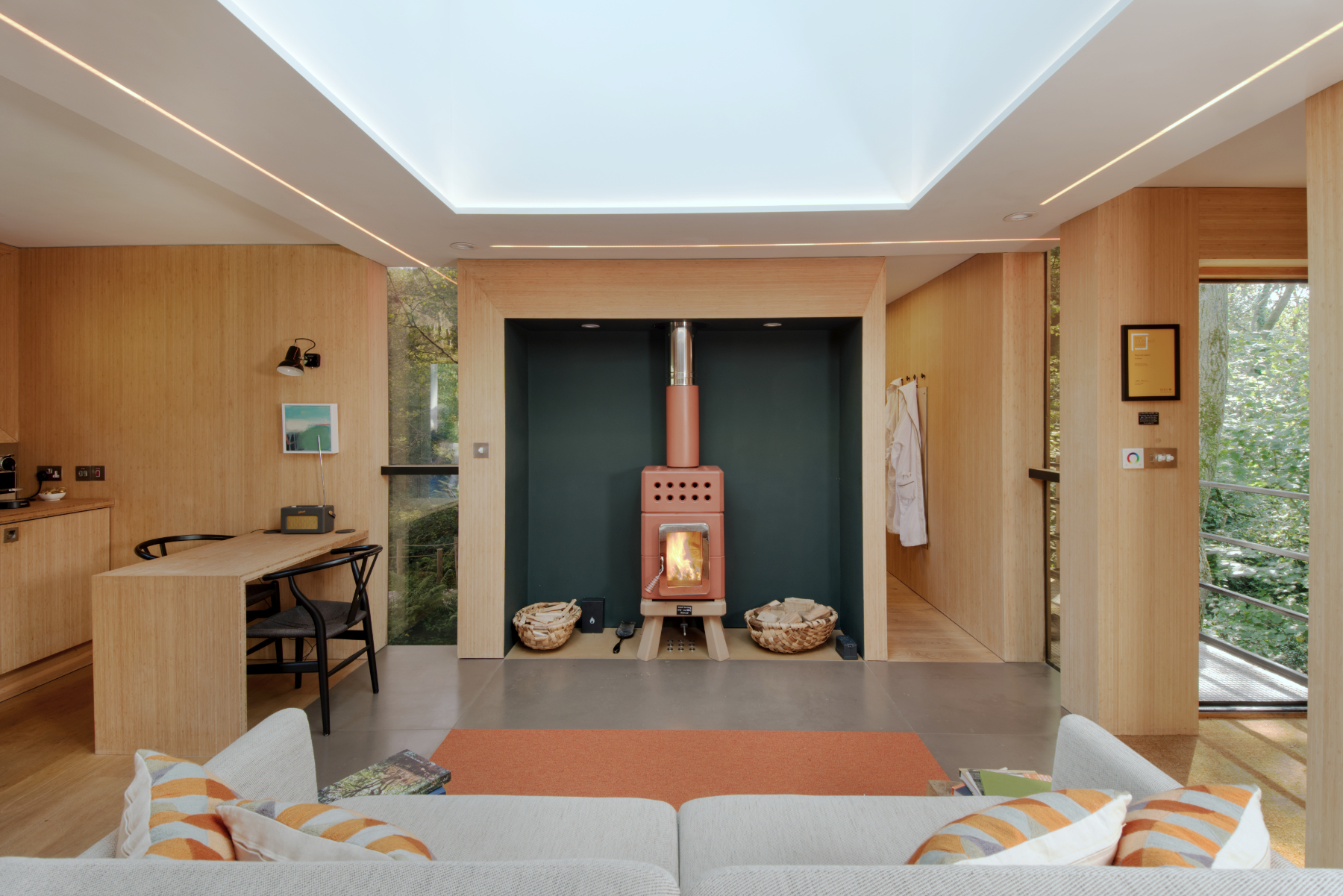 The interior of the Pinwheel Treehouse at Mallinson&#039;s Woodland Retreat