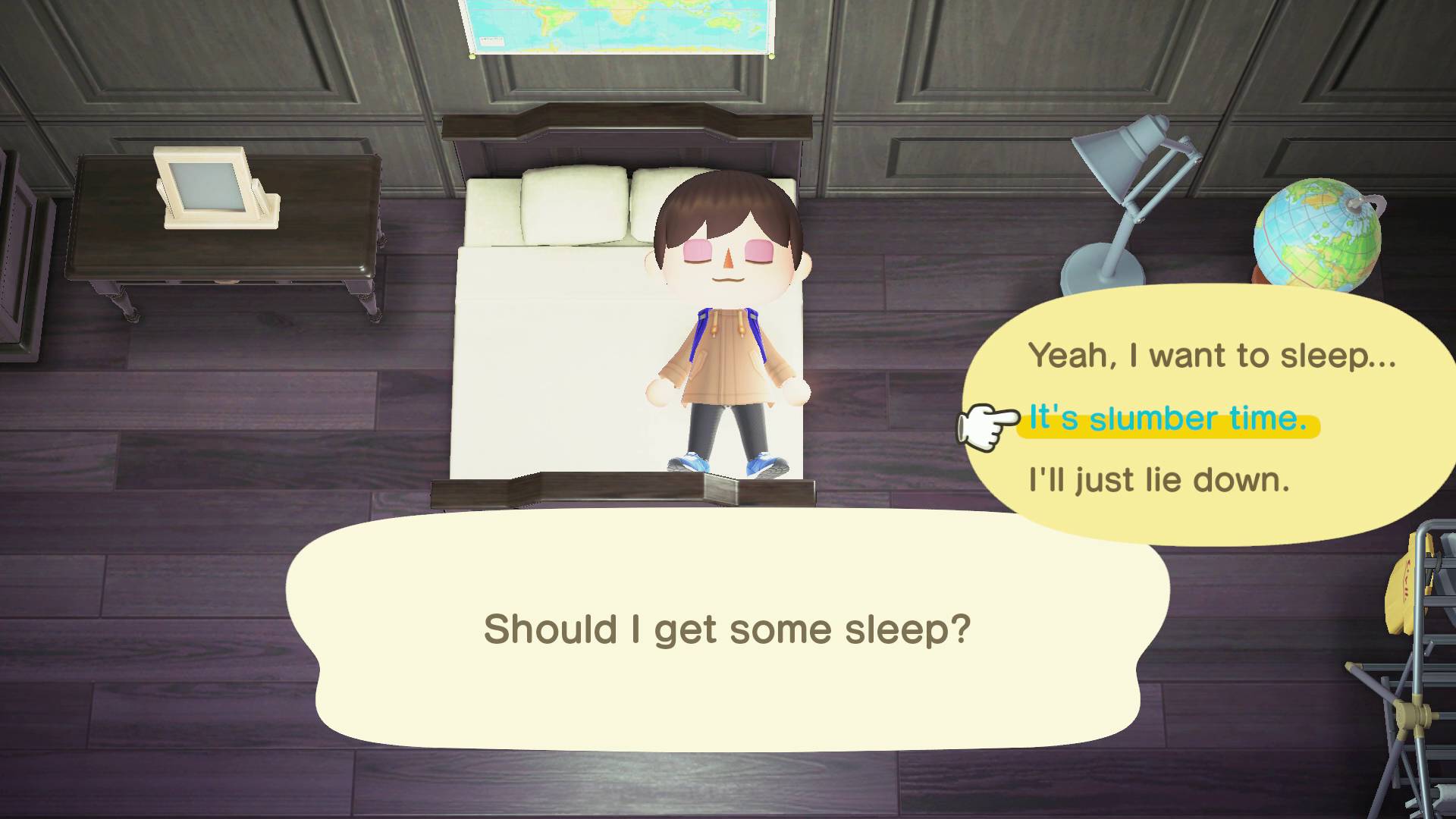 Animal Crossing New Horizons slumber island villager sleeping and choosing &amp;quot;it's slumber time&amp;quot; option