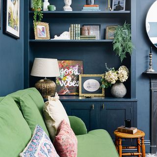 dark blue living room with bookcase