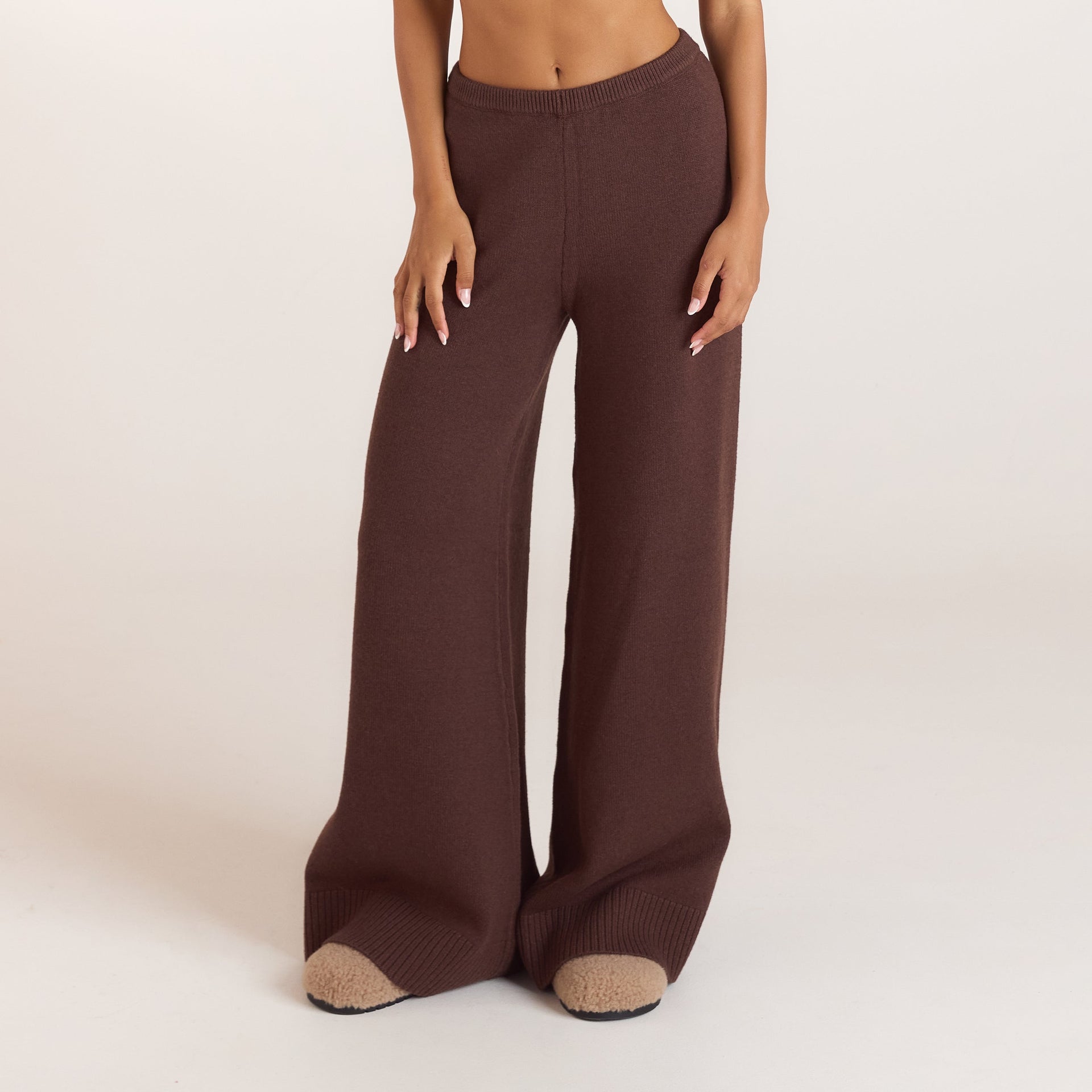 Ribbed Hem Knitted Trousers - Chocolate