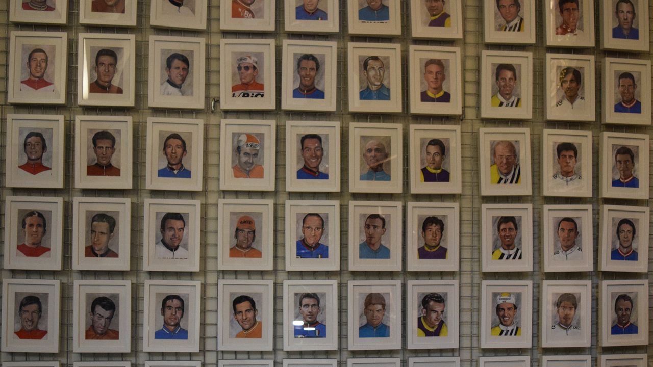 Hand painted portraits of cyclists past and present feature on the walls of the church in Roselare