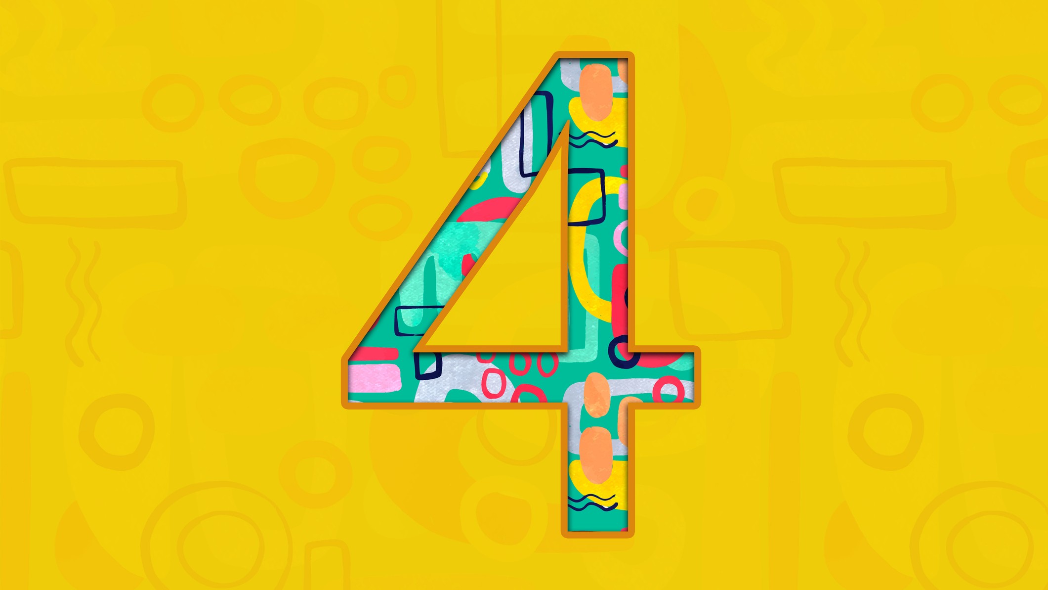 An illustration of the number 4 in an abstract style on a yellow background. 