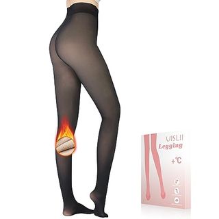 Uislii Fleece Lined Women's Tights Warm, Fake Translucent, Thermal, Skin Colored for Winter (black Foot, Medium-Tall)