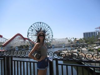 kaia gerber wears high-rise shorts and a taupe tank top for her birthday at disneyland