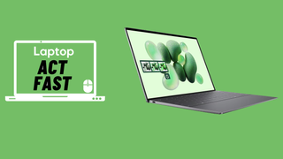 Dell laptop floating on a green background