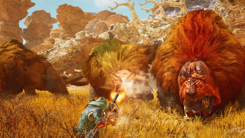 The player in Monster Hunter Wilds firing a ranged weapon at three large, furry, buffalo-lion hybrid monsters.