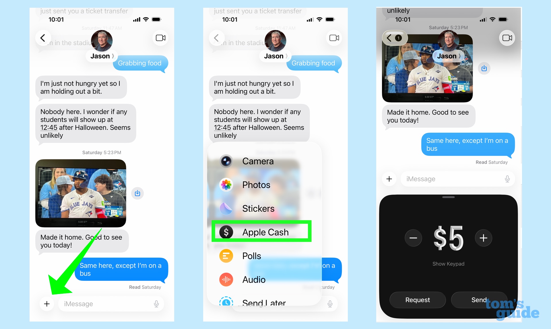 send apple cash in messages by tapping the plus button and selecting Apple Cash from the menu