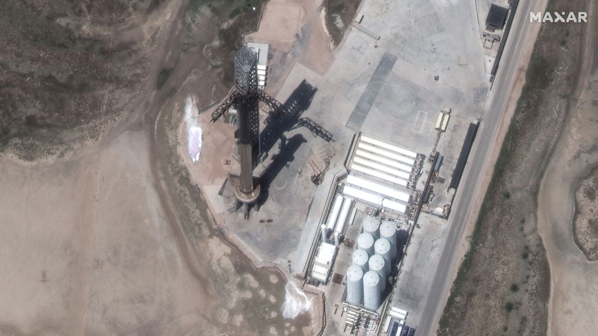 SpaceX&#039;s Starship and Super Heavy rocket are seen from orbit by a Maxar Earth-observation satellite as they stoop atop their pad at SpaceX&#039;s Starbase facility in Boca Chica, Texas on April 17, 2023. 