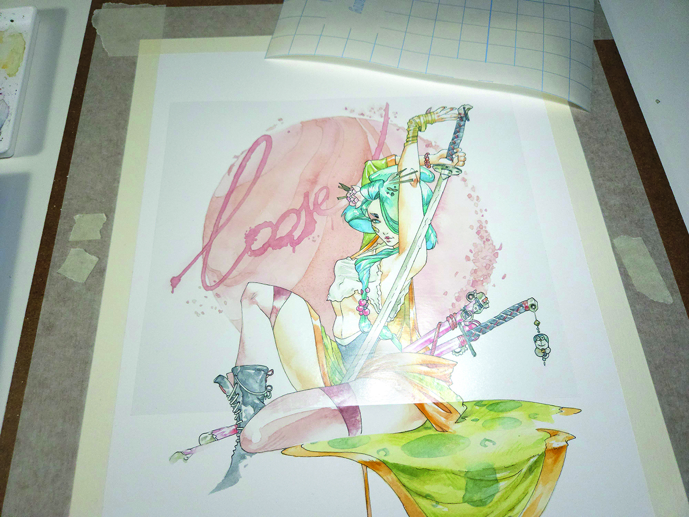 Watercolour geisha; placing a transparent film mask over the painting