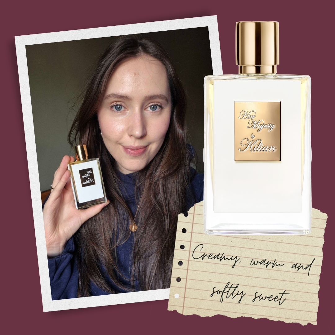 On the left is a picture of Digital Beauty Writer, Naomi Jamieson seen smiling and holding a bottle of the Kilian Paris Her Majesty Perfume, in front of a green wall and alongside a product shot of the perfume and note paper graphic that reads "creamy, warm and softly sweet" in cursive font/ all featured on a burgundy background