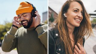 Man in orange hat wearing headphones next to a woman wearing a leather jacket with earbuds in her ears