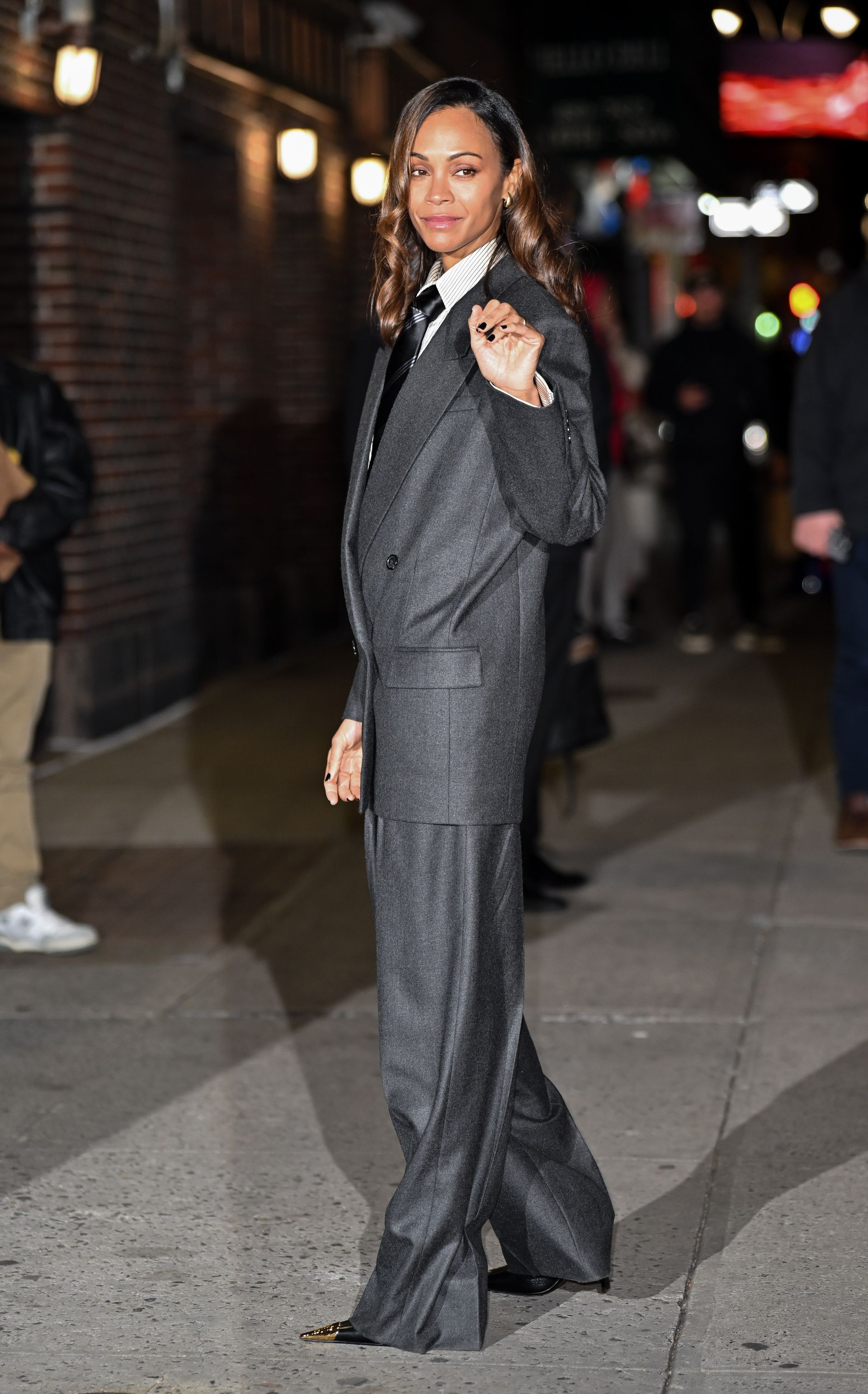 Zoe Saldana wears YSL Jeanne metal toe cap heels