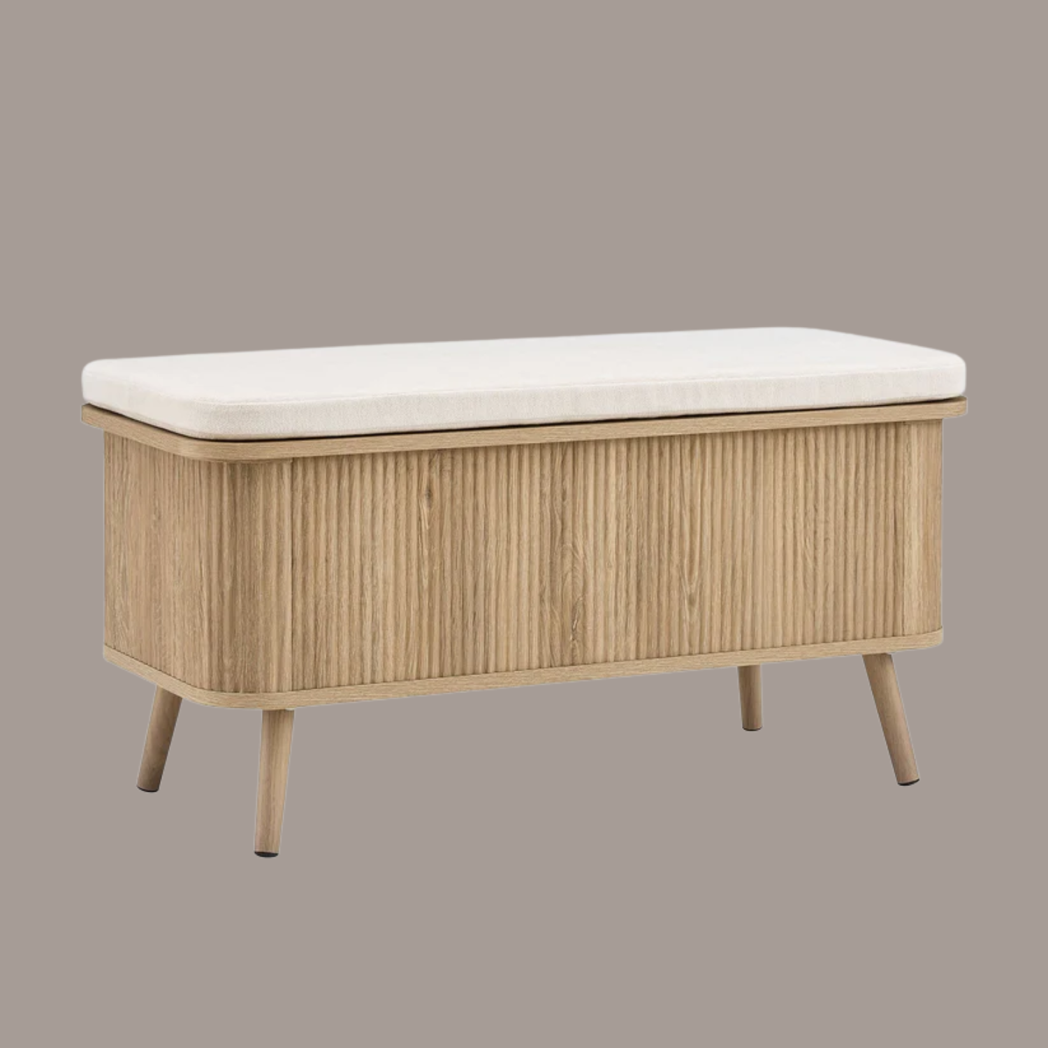 An entryway bench with ribbed woodwork