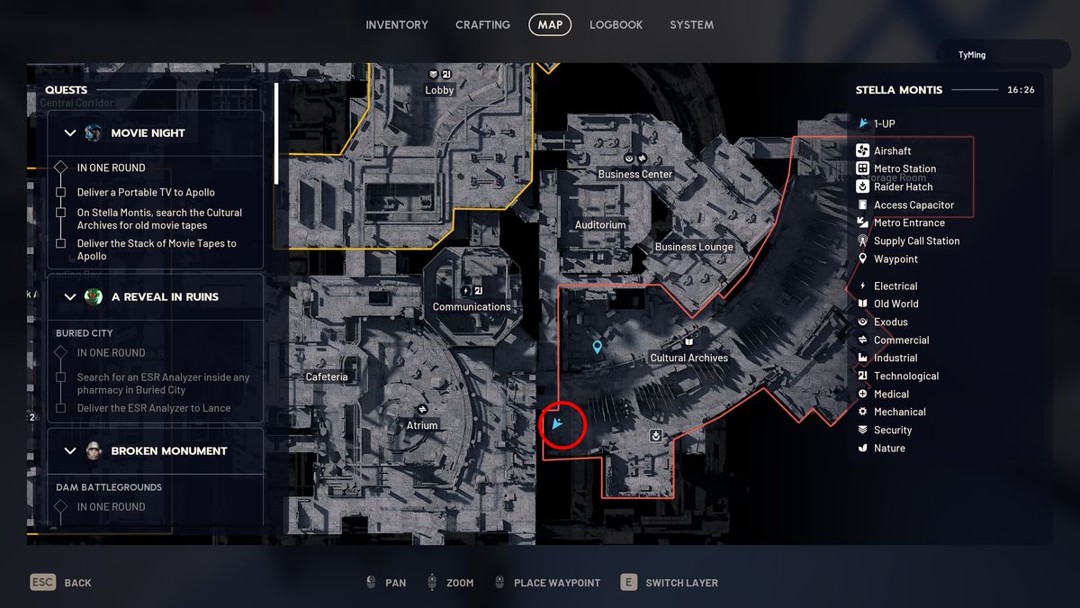 Arc Raiders Movie Night: A map of Stella Montis with a red circle highlighting the movie tape's location in the Cultural Archive.