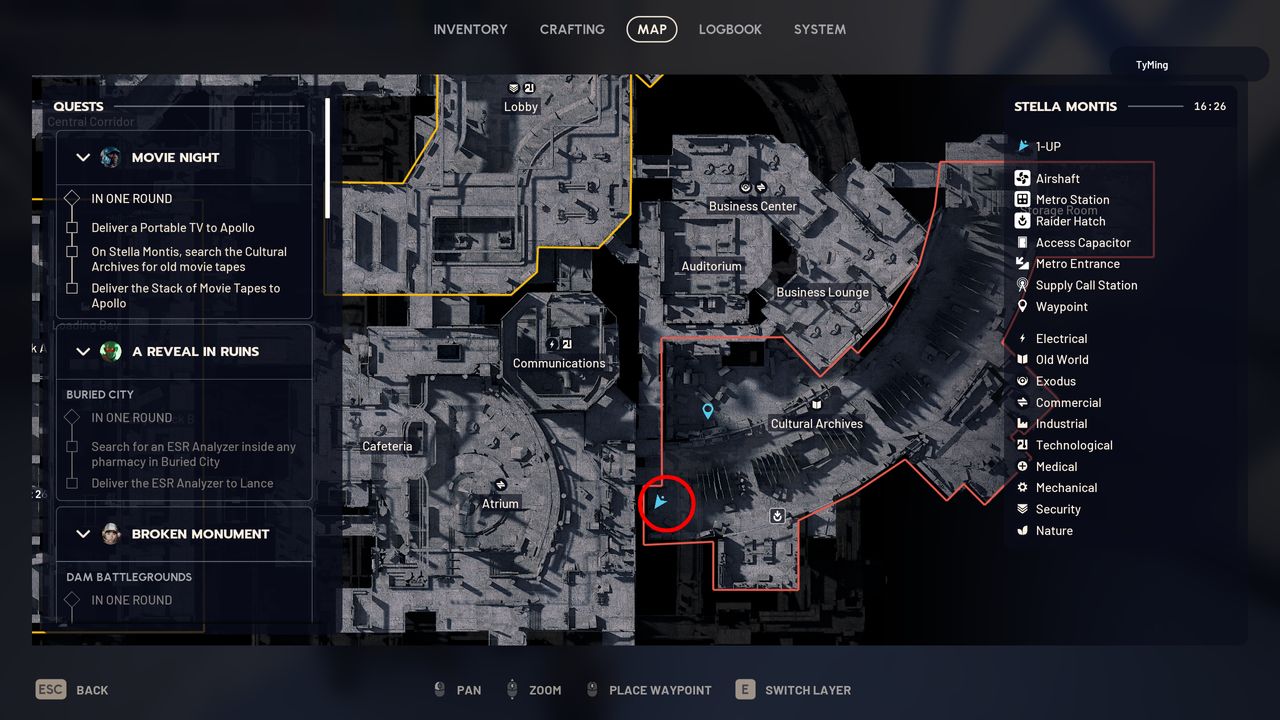 Arc Raiders Movie Night: A map of Stella Montis with a red circle highlighting the movie tape's location in the Cultural Archive.