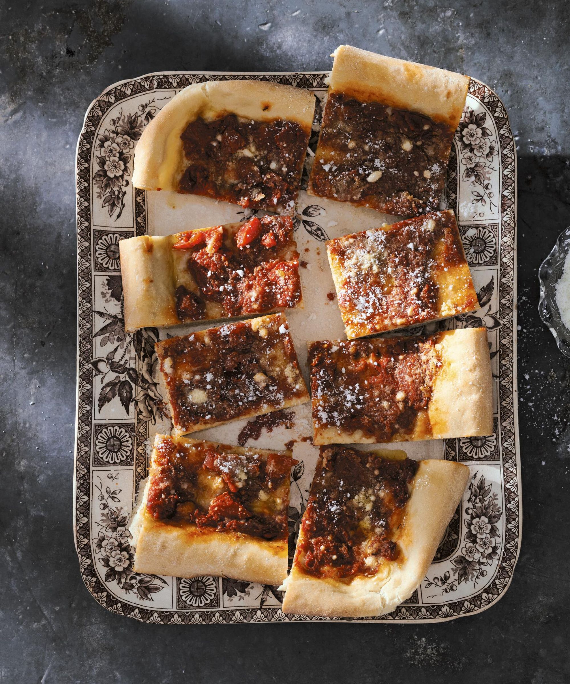Tomato pizza on a vintage platter