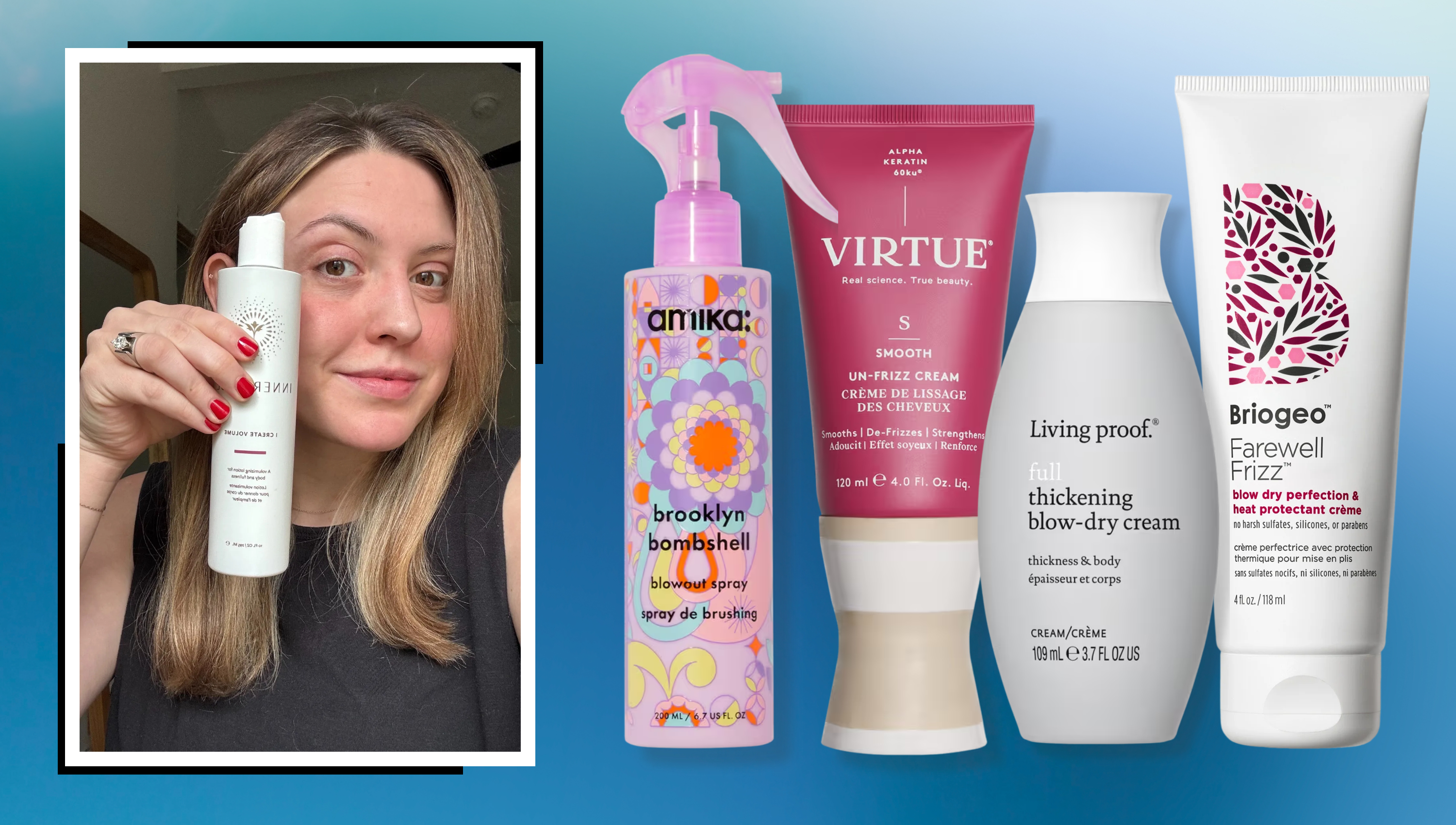 4 blow dry cream bottles on a blue background next to a brunette woman holding a white bottle of blow dry cream