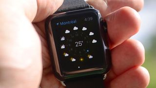 Apple Watch showing weather in Montreal