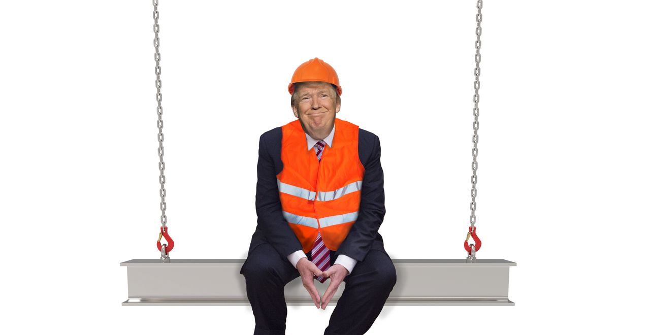 President Trump sits on a steel beam with a construction vest and helmet