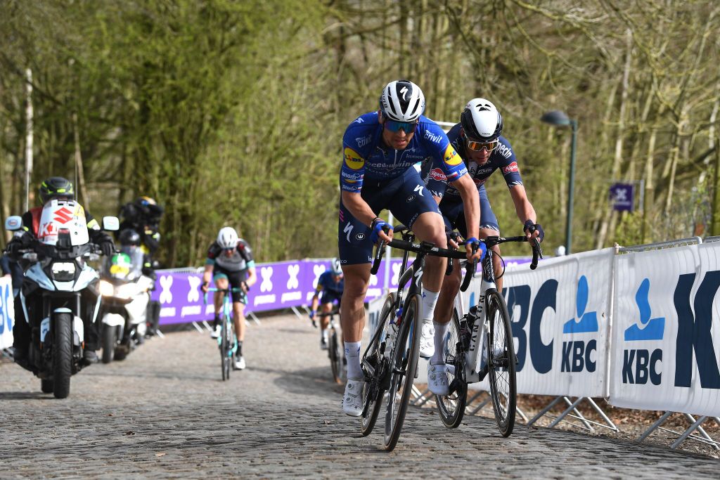 WEVELGEM BELGIUM MARCH 28 Zdenek Stybar of Czech Republic and Team Deceuninck QuickStep Oscar Riesebeek of Netherlands and Team AlpecinFenix during the 83rd GentWevelgem in Flanders Fields 2021 Mens Elite a 254km race from Ypres to Wevelgem Kemmelberg Belvedre Cobblestones GWE21 GWEmen FlandersClassic on March 28 2021 in Wevelgem Belgium Photo by Tim de WaeleGetty Images