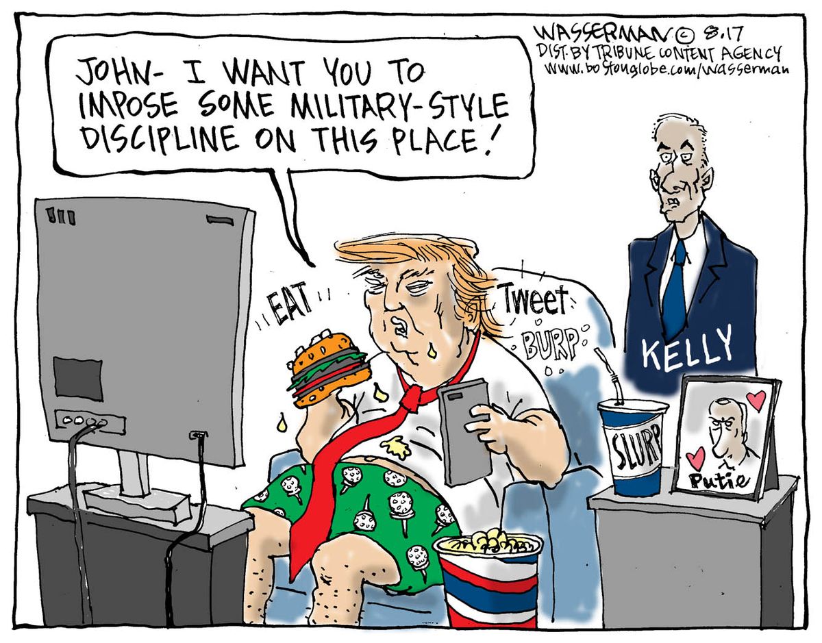 Political cartoon U.S. Trump John Kelly military style discipline The