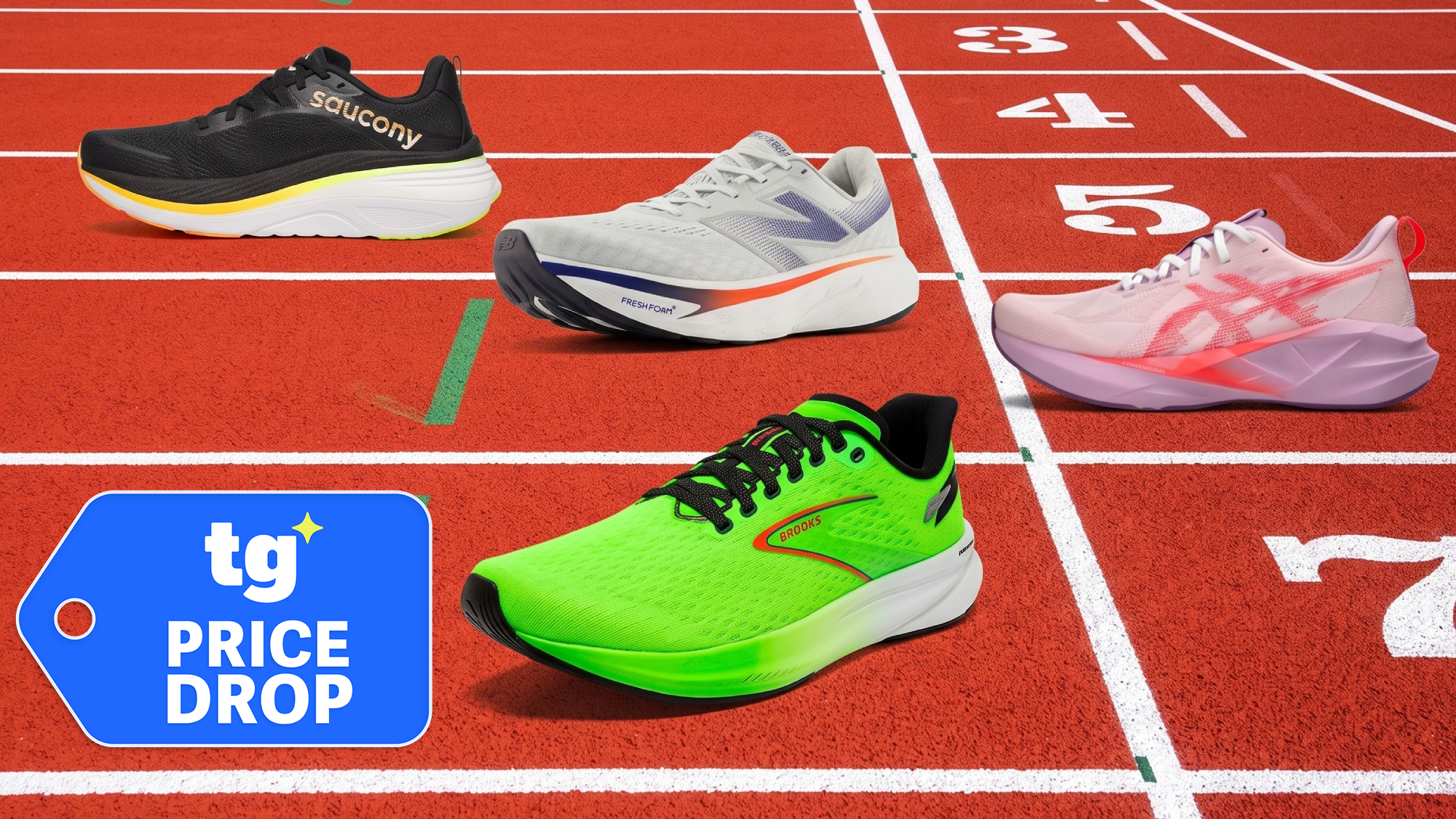 Four running sneakers shown on a track