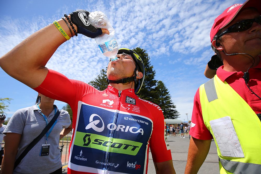 Caleb Ewan chugs some water after winning stage 3 at the Tour Down Under