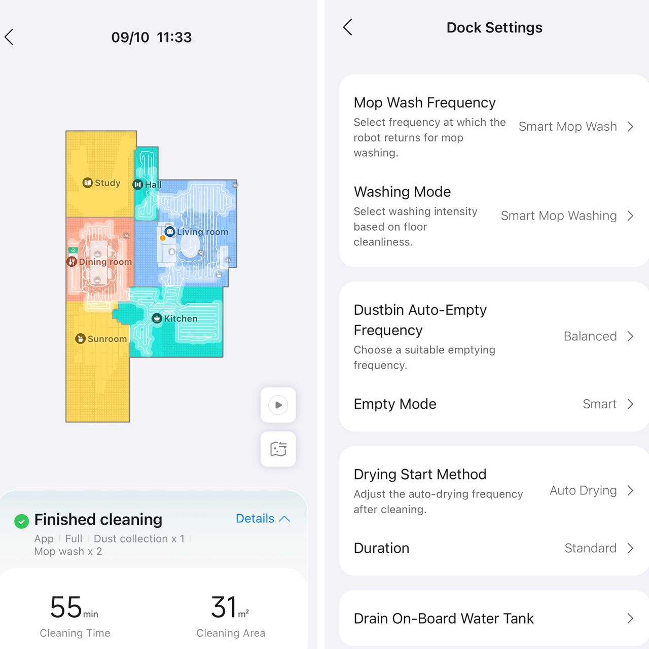 Roborock app showing the cleaned areas of a house, and settings for the dock