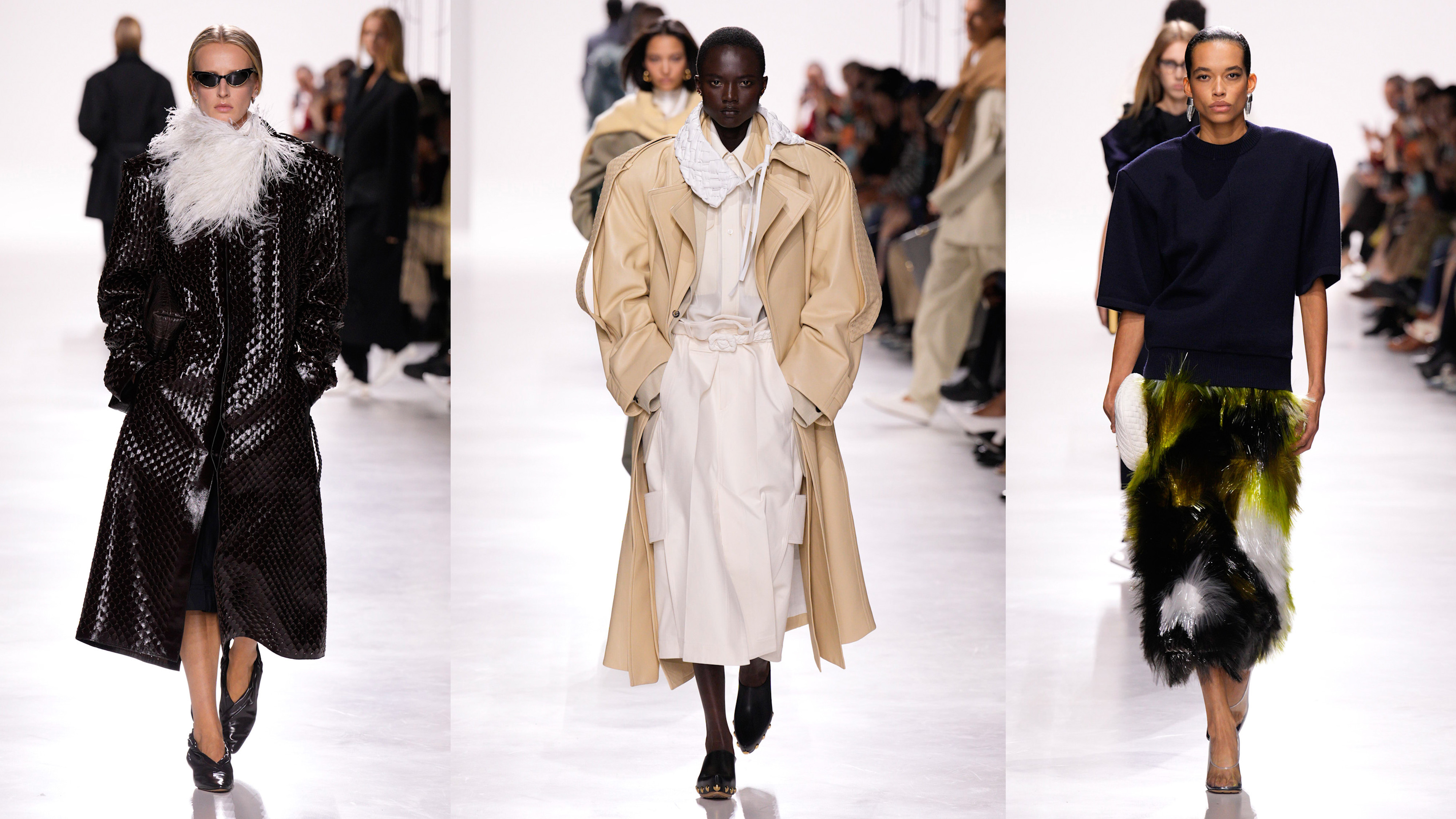 Models at the Bottega Veneta S/S 26 show walk in Louise Trotter&#039;s debut runway show during Milan Fashion Week.