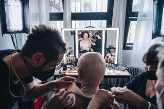 Demi Moore in the make-up chair on the set of The Substance