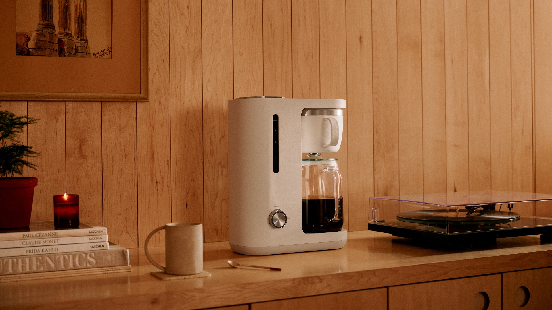 The Caraway 10-Cup Coffee Maker in a home