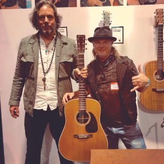Rich Robinson (left) and Frets editor Jimmy Leslie with the new Martin Rich Robinson Custom Signature Edition D-28
