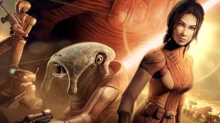 Star Wars: Knights of the Old Republic key art showing a Jedi next to a droid and an alien in battle