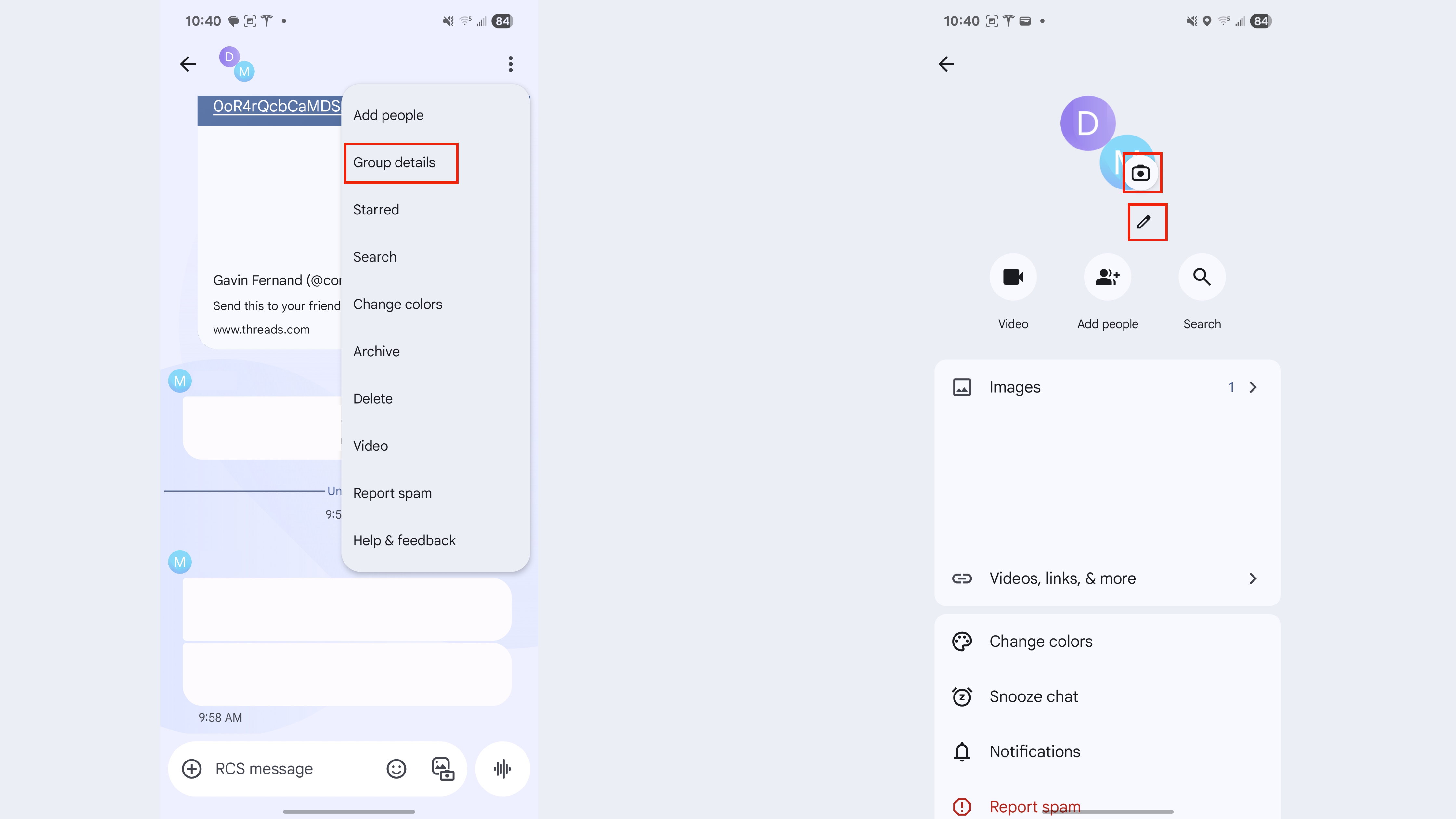 Screenshots showing how to change the name and icon of a group chat in Google Messages.