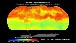 Carbon dioxide concentrations across the globe as measured by the Orbiting Carbon Observatory-2 in May 2016.