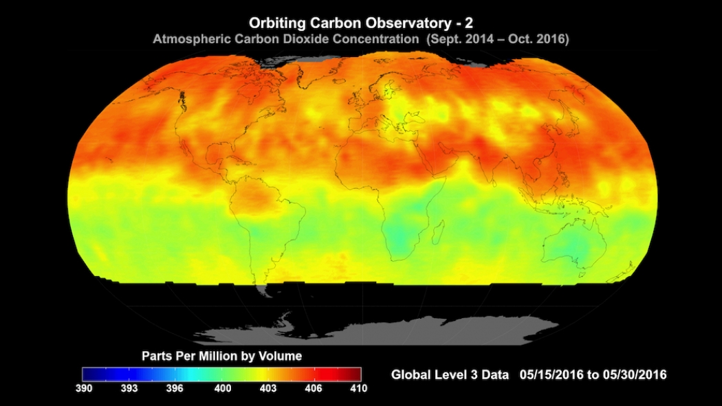 Carbon dioxide concentrations across the globe as measured by the Orbiting Carbon Observatory-2 in May 2016.