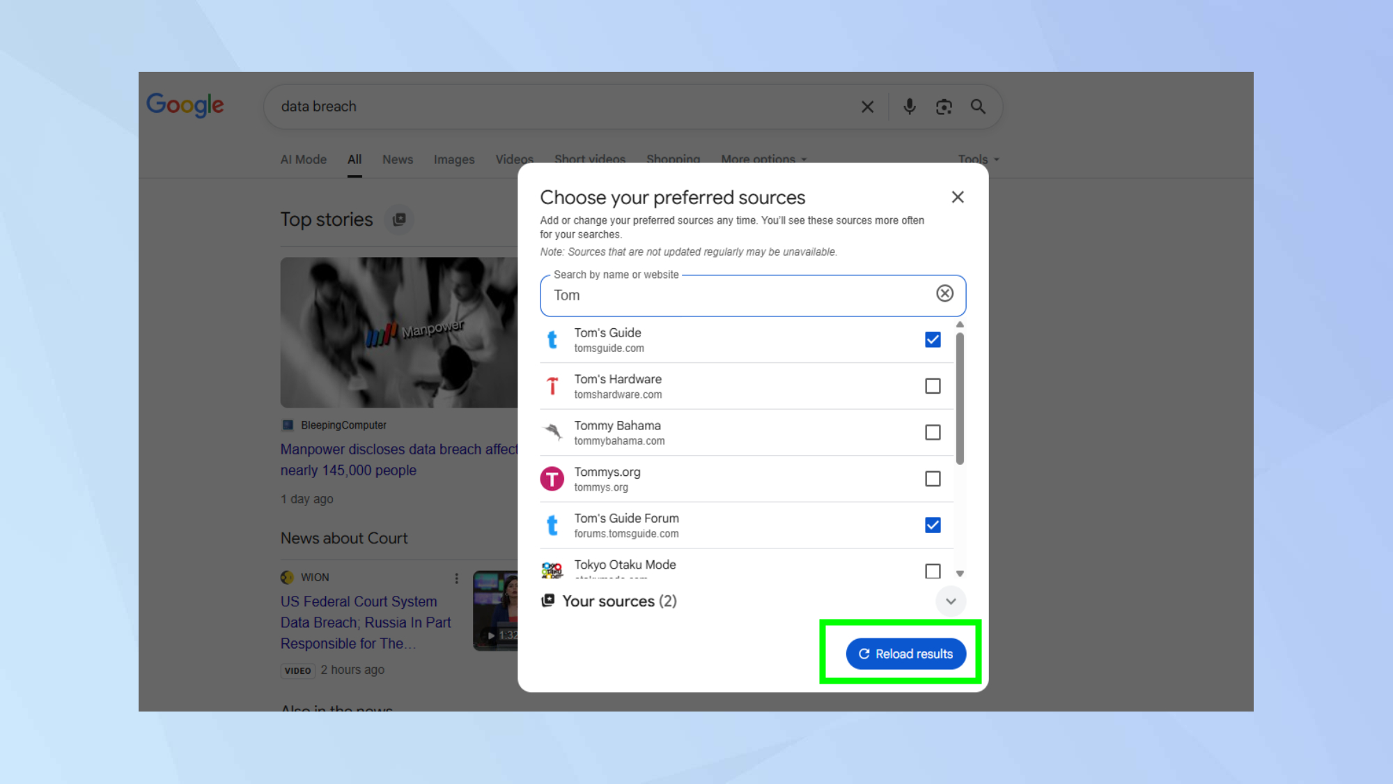 Google preferred sources Reload results
