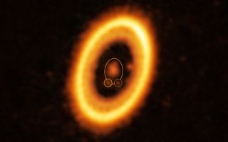 an orange ring in space with two small orange orbs around it