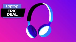 Blue and white over-ear headphone graphic against a purple-pink background
